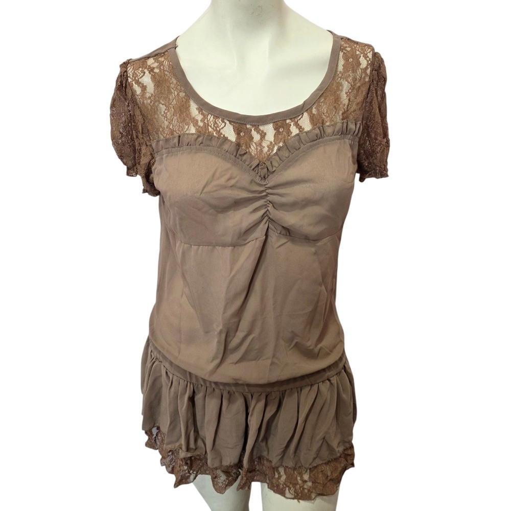 Sacred Threads Womens L Brown Lace Ruffle Tunic Top Boho Fairycore Cottagecore